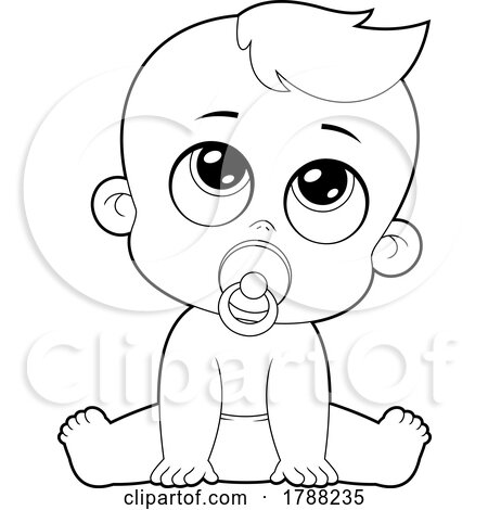Cartoon Black and White Baby Boy Sitting with a Pacifier and Looking up by Hit Toon