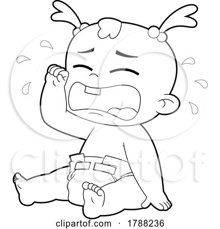 Cartoon Black and White Baby Girl Sitting in a Diaper and Crying by Hit Toon