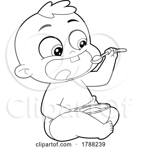 Cartoon Black and White Baby Boy Eating by Hit Toon