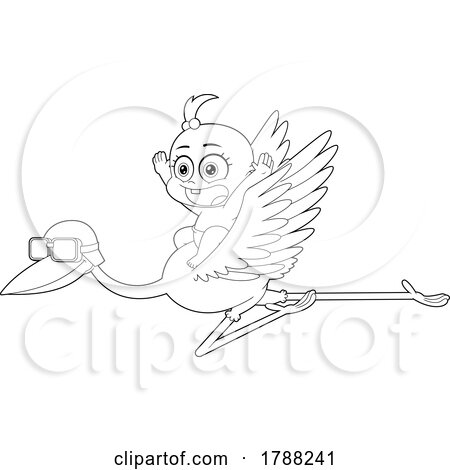 Cartoon Black and White Baby Girl Flying on a Stork by Hit Toon