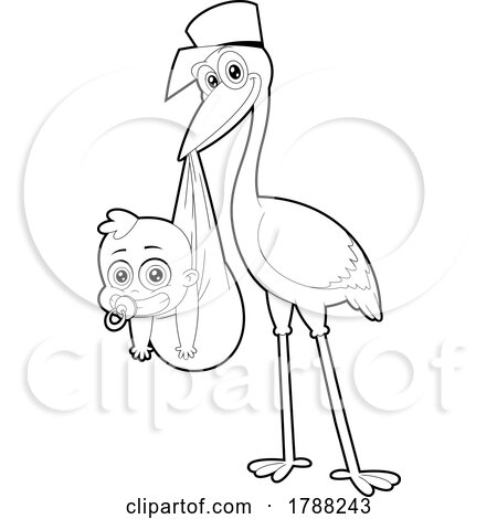 Cartoon Black and White Baby Boy and Delivery Stork by Hit Toon