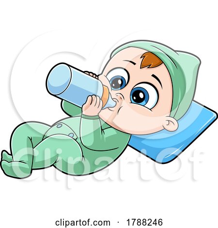 Cartoon Baby Boy Holding a Bottle and Resting on a Pillow by Hit Toon