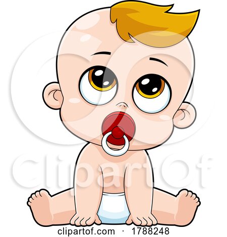 Cartoon Baby Boy Sitting with a Pacifier and Looking up by Hit Toon