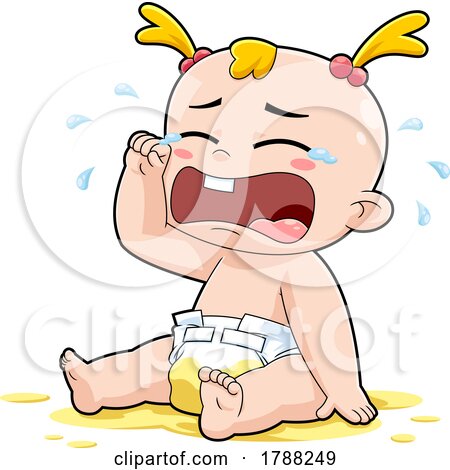 Cartoon Baby Girl Sitting in a Diaper and Crying by Hit Toon