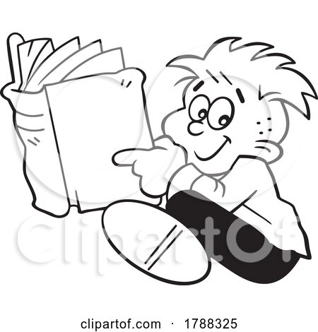 Cartoon Black and White Happy Boy Sitting and Reading a Book by Johnny Sajem