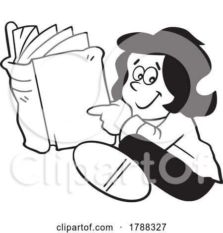 Cartoon Black and White Happy Girl Sitting and Reading a Book by Johnny Sajem