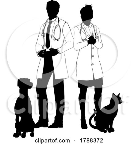 Man and Woman Vets Dog and Cat Pets Silhouette by AtStockIllustration