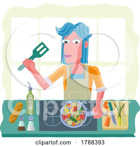 Woman Cooking Vegetable Curry Chinese Food Kitchen by AtStockIllustration