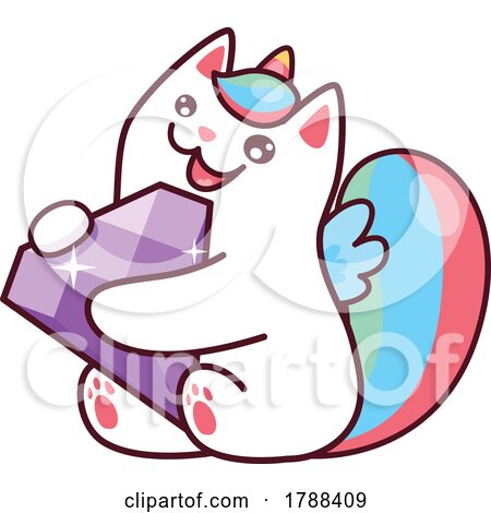 Cartoon Unicorn Cat Playing with a Crystal by Vector Tradition SM