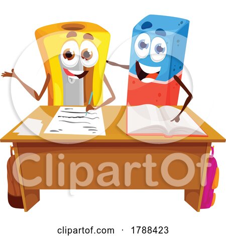 Eraser and Pencil Sharpener Mascots at a Desk by Vector Tradition SM