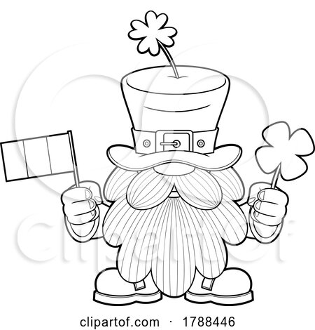 Cartoon Black and White Long Bearded Leprechaun Holding an Irish Flag and Shamrock by Hit Toon