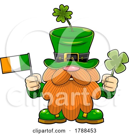 Cartoon Long Bearded Leprechaun Holding an Irish Flag and Shamrock by Hit Toon
