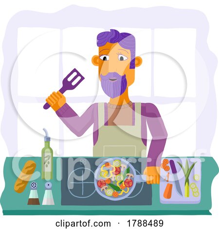 Man Cooking Vegetable Curry Chinese Food Kitchen by AtStockIllustration