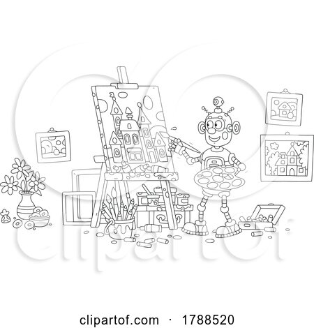 Cartoon Black And White Robot Painting on a Canvas by Alex Bannykh