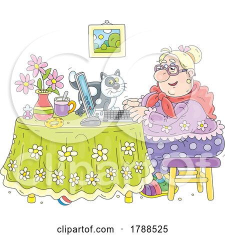 Cartoon Lady and Cat Using a Computer by Alex Bannykh