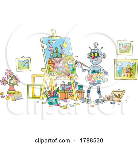 Cartoon Robot Painting on a Canvas by Alex Bannykh