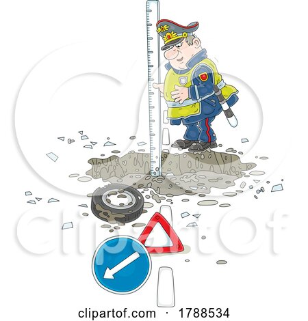 Cartoon Police Officer Measuring a Deep Pot Hole by Alex Bannykh