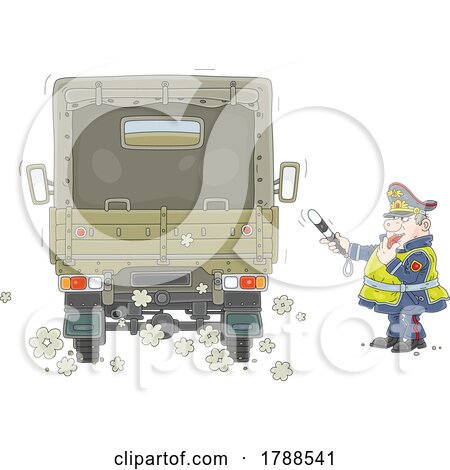 Cartoon Police Officer Stopping a Truck for Inspection by Alex Bannykh