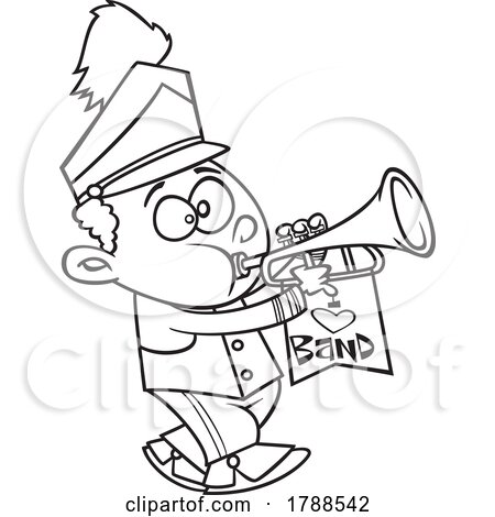 Cartoon Black and White Boy Playing a Trumpet in a Marching Band by toonaday