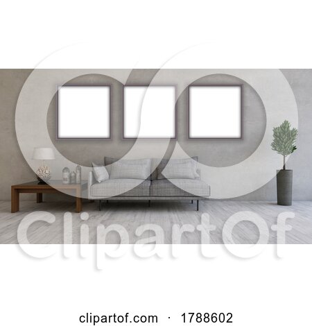 3D Contemporary Living Room Interior with Three Blank Picture Frames by KJ Pargeter