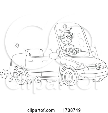 Cartoon Black and White Robot Driving a Convertible Car by Alex Bannykh