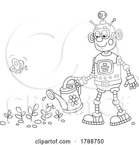Cartoon Black and White Robot Watering a Garden by Alex Bannykh