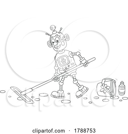 Cartoon Black and White Robot Mopping by Alex Bannykh