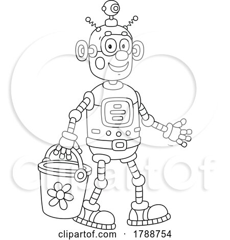 Cartoon Black and White Robot Carrying a Bucket by Alex Bannykh