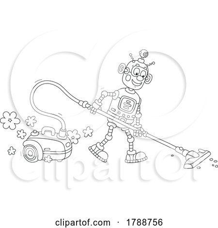Cartoon Black and White Robot Vacuuming by Alex Bannykh