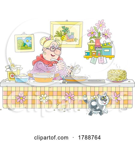 Cartoon Lady Cooking Pancakes by Alex Bannykh