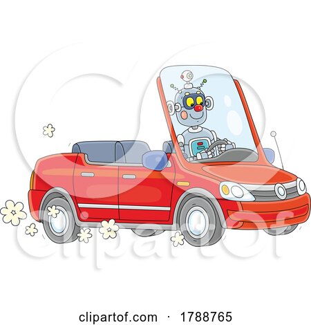 Cartoon Robot Driving a Convertible Car by Alex Bannykh