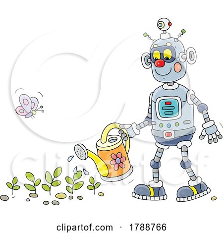 Cartoon Robot Watering a Garden by Alex Bannykh