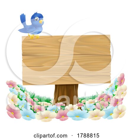 Bluebird Bird Cartoon Wooden Background Sign by AtStockIllustration