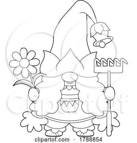 Cartoon Black and White Female Gnome Holding a Rake and Flower by Hit Toon
