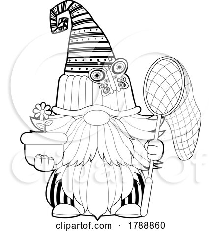 Cartoon Black and White Gnome Holding a Butterfly Net and Potted Flower by Hit Toon