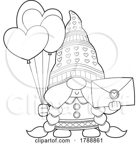 Cartoon Black and White Female Valentines Day Gnome Holding a Card and Balloons by Hit Toon