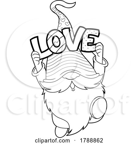 Cartoon Black and White Valentines Day Gnome Holding the Word Love by Hit Toon