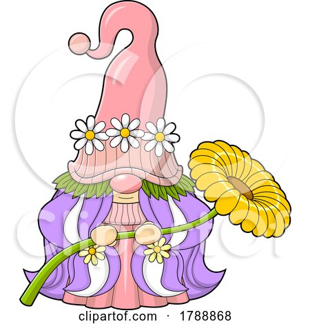 Cartoon Female Gnome Holding a Big Daisy by Hit Toon