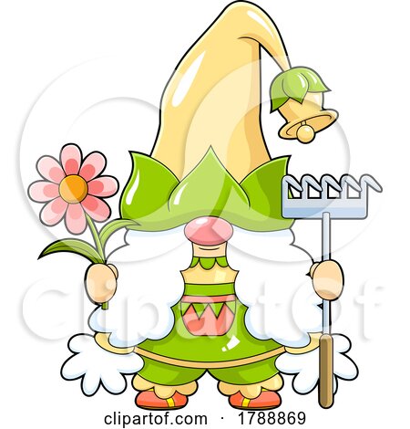 Cartoon Female Gnome Holding a Rake and Flower by Hit Toon