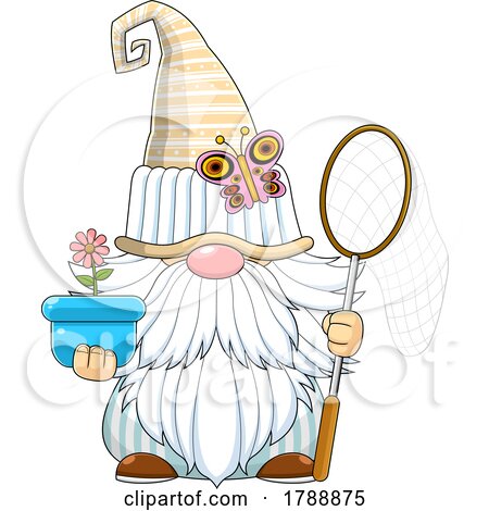 Cartoon Gnome Holding a Butterfly Net and Potted Flower by Hit Toon