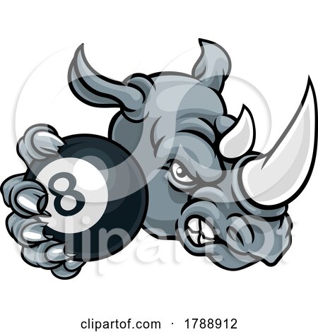 Rhino Angry Pool 8 Ball Billiards Mascot Cartoon by AtStockIllustration