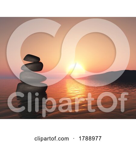 3D Landscape with Balancing Pebbles in Sunset Sea by KJ Pargeter
