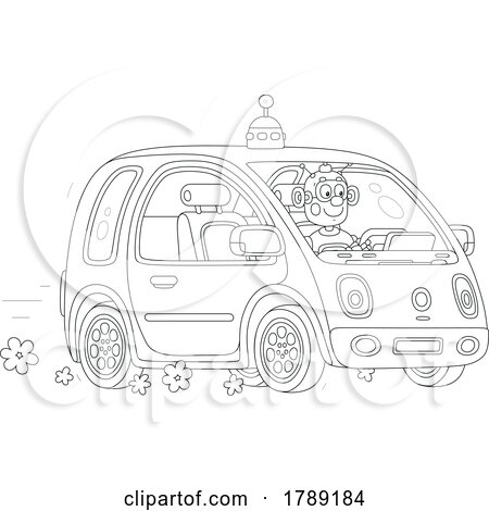 Cartoon Black and White Robot Driving a Car by Alex Bannykh
