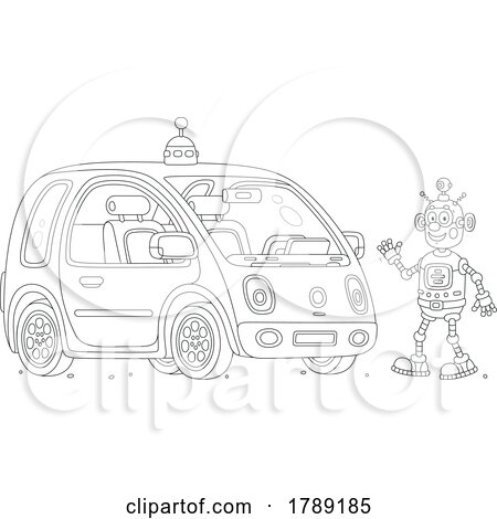 Cartoon Black and White Robot Waving by a Car by Alex Bannykh