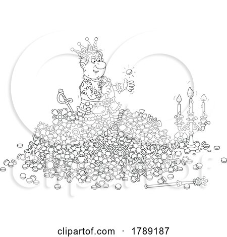 Cartoon Black and White King in a Pile of Riches by Alex Bannykh