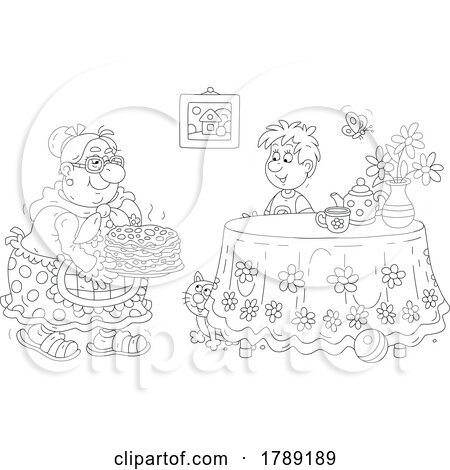 Cartoon Black and White Granny Making Her Grandson Pancakes by Alex Bannykh