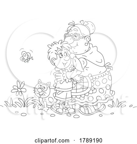 Cartoon Black and White Granny Hugging Her Grandson by Alex Bannykh