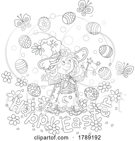 Cartoon Black and White Happy Easter Greeting and Witch Girl by Alex Bannykh
