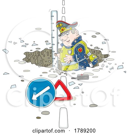 Cartoon Police Officer Measuring a Deep Pot Hole by Alex Bannykh