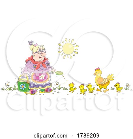 Cartoon Granny Feeding Chickens by Alex Bannykh